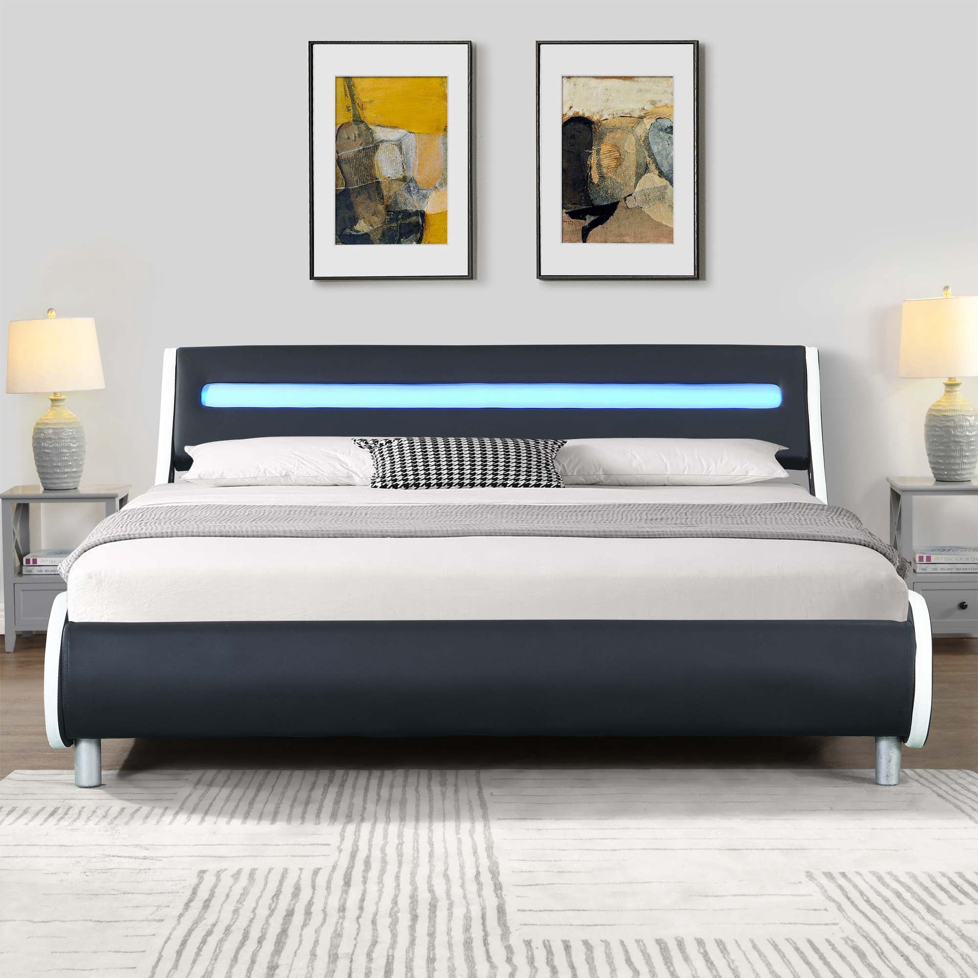 Aukfa Upholstered LED Bed Frame, Faux Leather Queen Platform Bed with 16 LED Light Headboard - Black/White