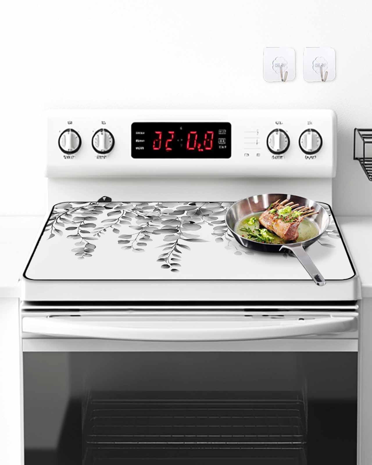 Stove Top Covers for Electric Stove, Grey Eucalyptus Glass Stovetop Cover Protector, Botanical Leaves Aesthetics Flowers Induction Cooktop Protector Oven Mat for Kitchen Countertop 28.5"x20.5"