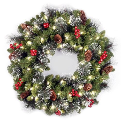 Pre-Lit Artificial Christmas Wreath,Green,Crestwood Spruce,White Lights,Decorated with Pine Cones,Berry Clusters,Frosted Branches,Christmas Collection,24 Inches