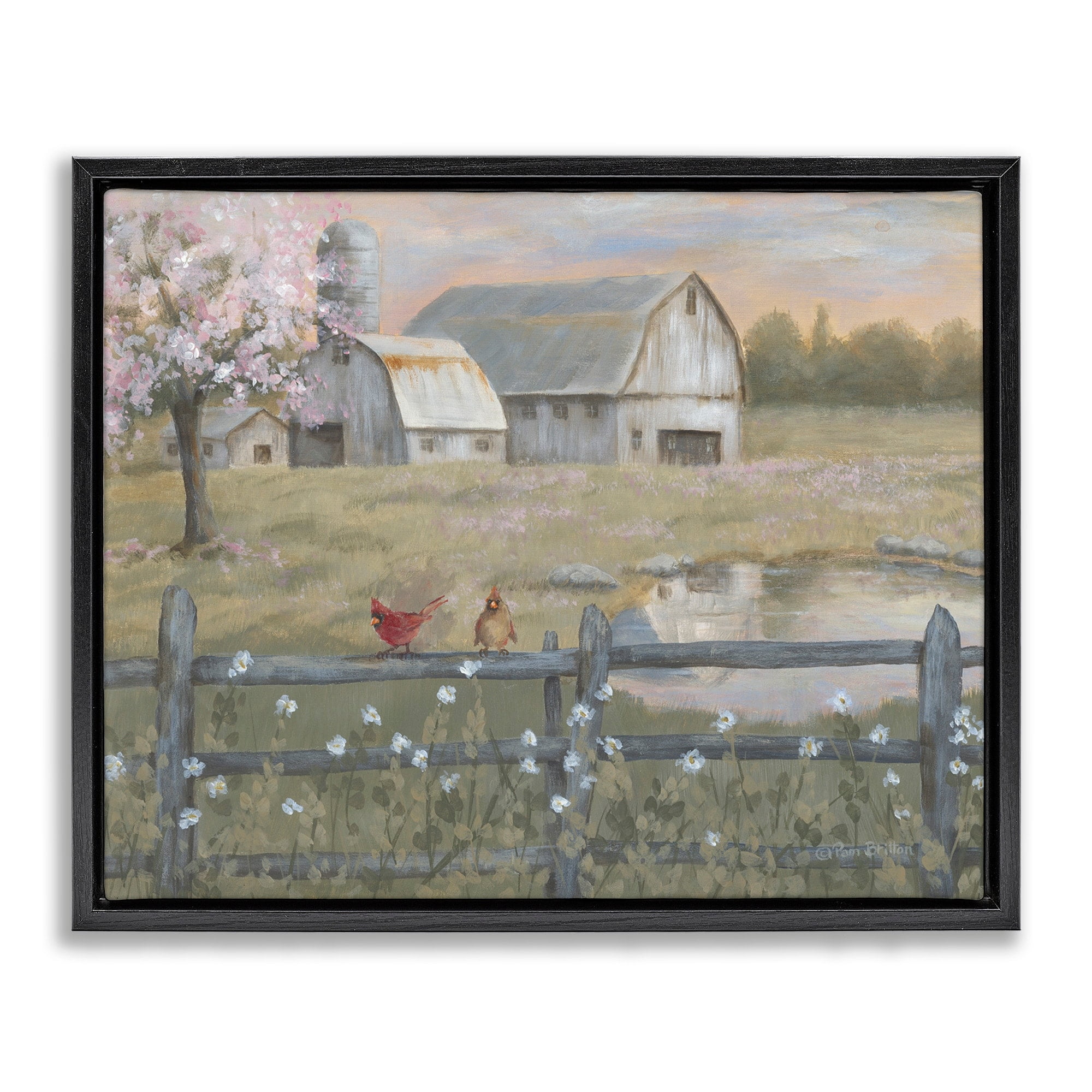 Stupell Industries Blossoming Trees Birds Perched Country Farm Fence Painting Jet Black Floating Framed Canvas Print Wall Art, Design by Pam Britton