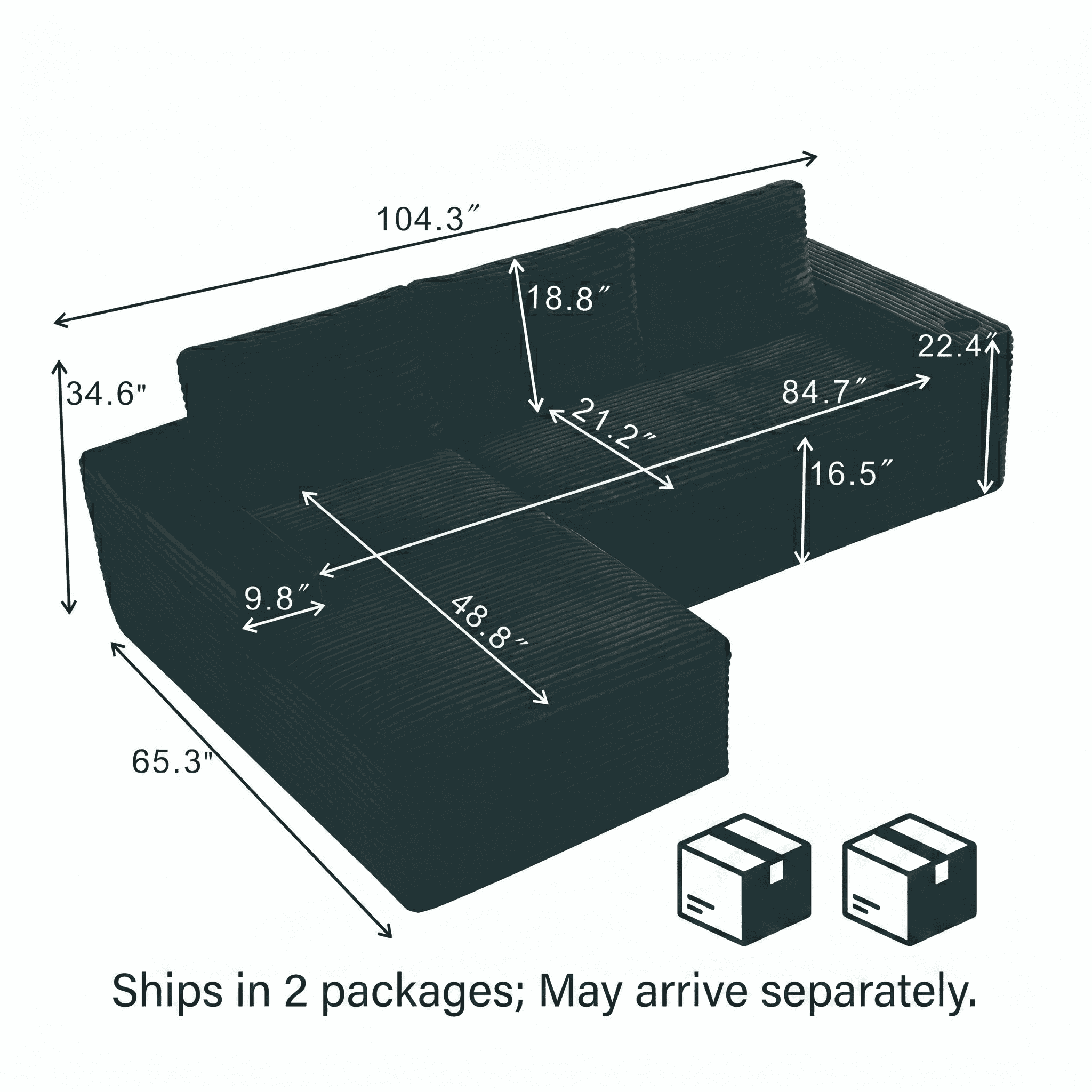 104" Modular Sectional Sofa, L-Shaped Couch with Convertible Chaise, Corduroy Deep Seat Comfy Sectional with Storage Pockets & Cup Holders, No Assembly Couch for Living Room, Black