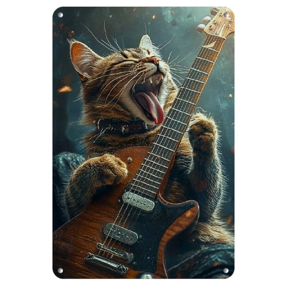 Rock Cat Guitarist Metal Tin Sign - Vintage Wall Art for Home, Bar, Cafe & Garage Decor, 8x12 inches, Perfect for Room Decor