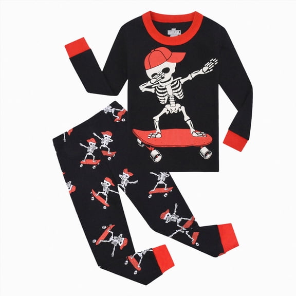 Xudanell Kids Skeleton Pajamas Glow in the Dark 100% Cotton Sleepwear Toddler Girls Boys Skull Halloween Pjs Sets 3t-10t (Black, 7-8 Years)