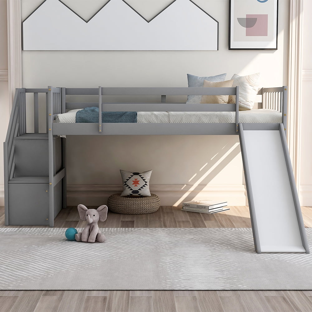 Kadyn Twin Mood Loft Bed with Adjustable Slide, Multifunctional Design, Gray