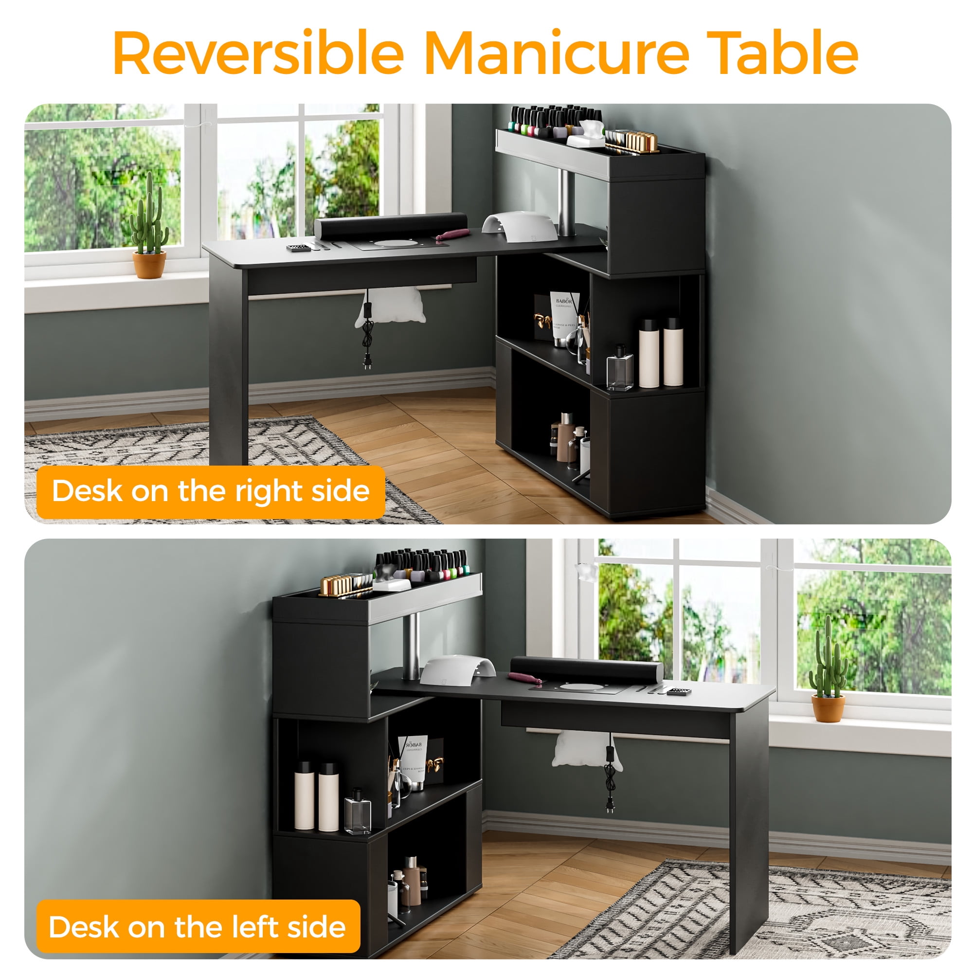 Advwin Manicure Table Nail Desk with Dust Collector, L-Shaped Nail Tech Desk with Storage Shelf, Rotating Reversible Beauty Nail Salon Station for Salon & Home Use, Black