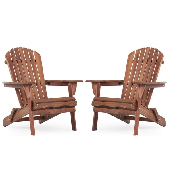 Outdoor Adirondack Chairs Set of 2, Foldable Solid Wood Patio Chairs for Garden, Backyard, Pool, Fire Pit, Half Pre-Assembled | Natural Light Brown | Slat Back