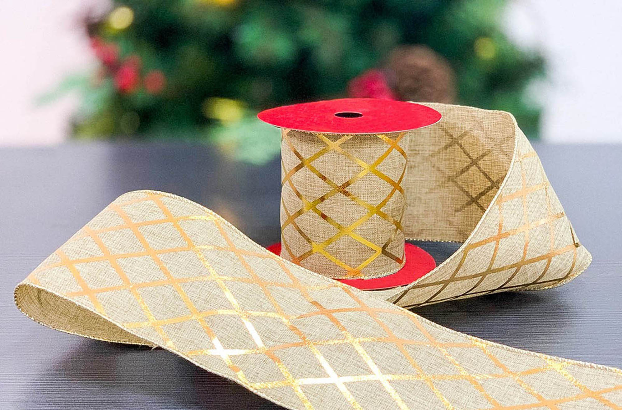 Premium 15 Feet by 4 Inch Wide Burlap Plaid Gold Ribbon