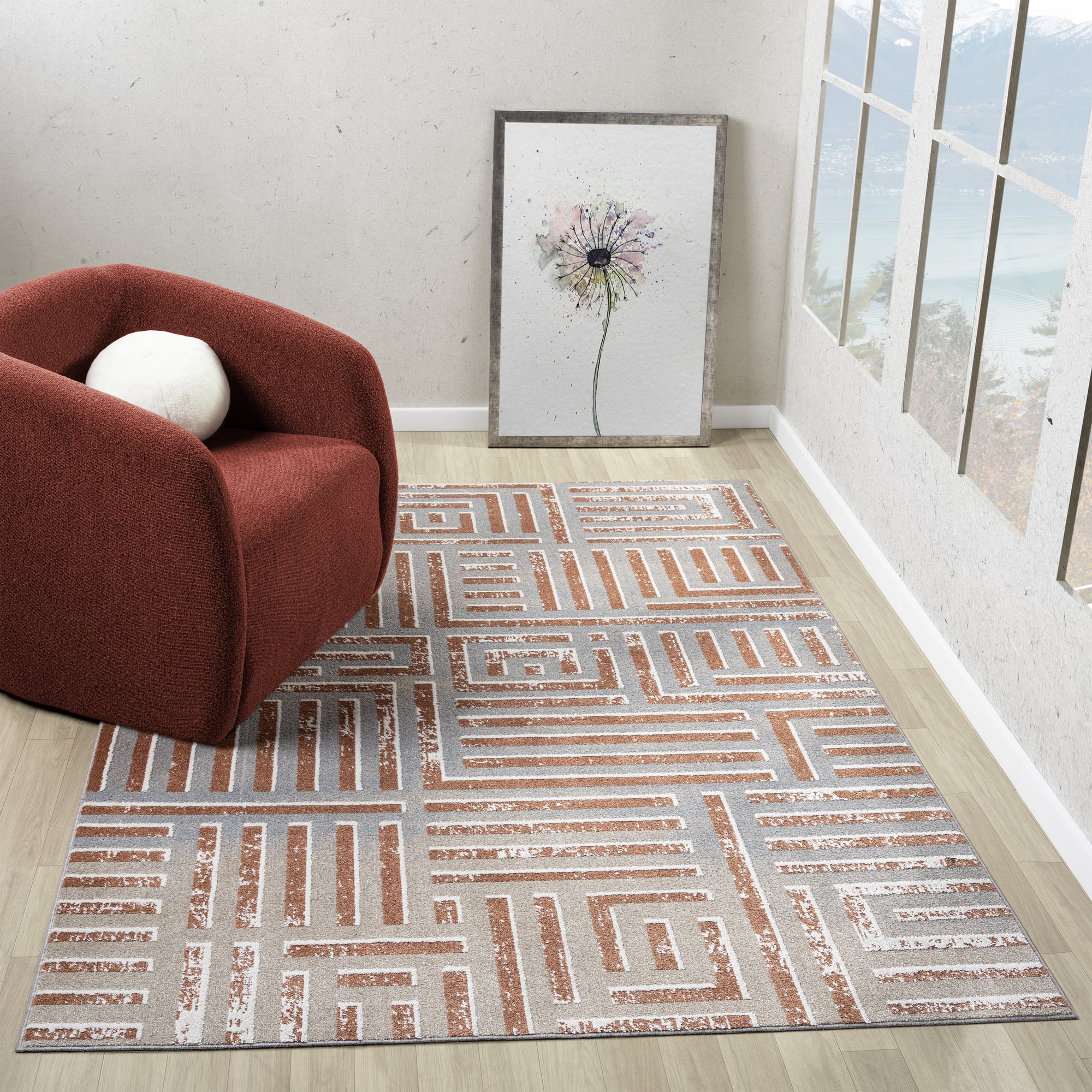 Ox Bay Wesley 2' x 3', Gray/Rust Geometric Washable Indoor Area Rug by Evette Rios