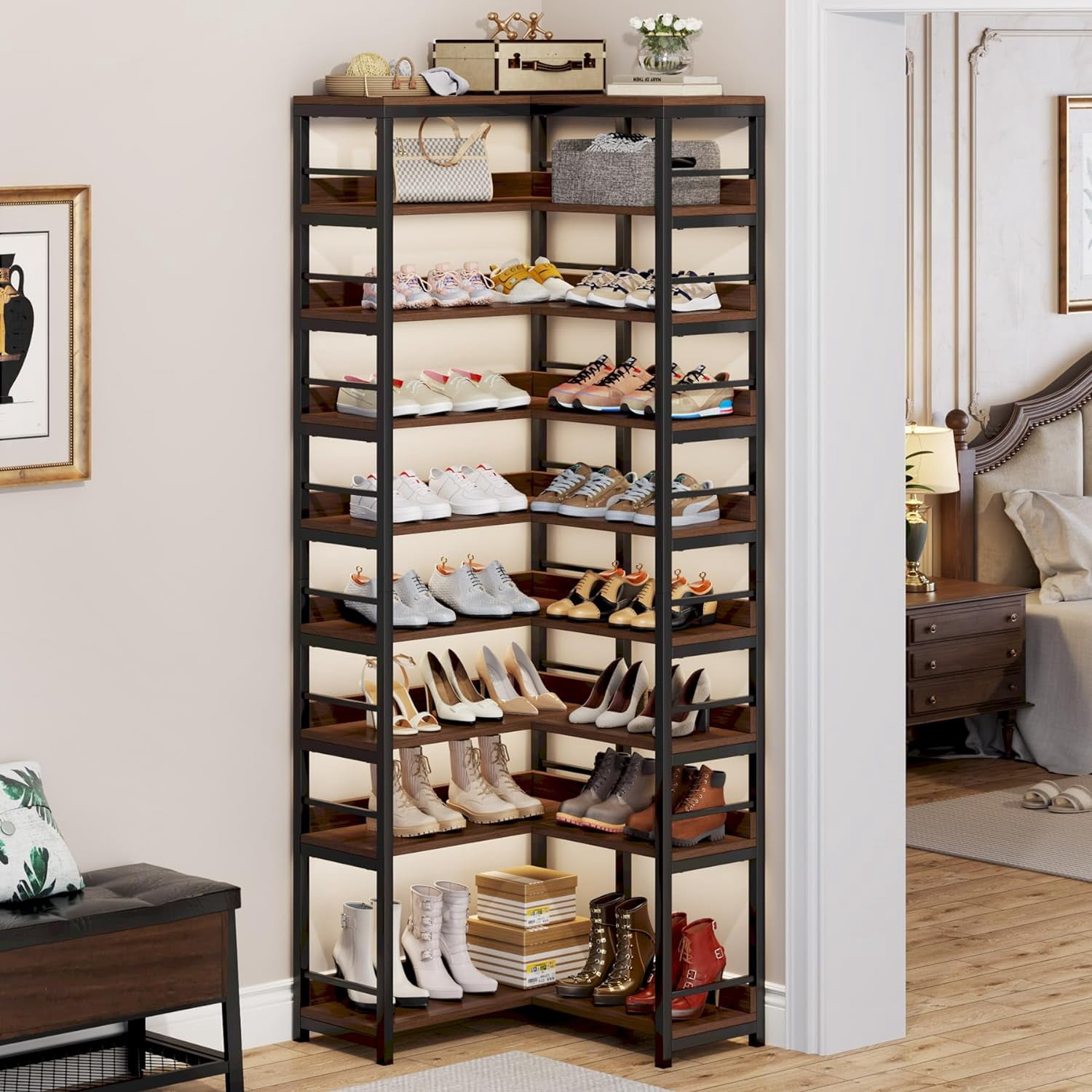9 Tiers Corner Shoe Rack, Tall Shoe Rack Organizer, Large Shoe Storage Shelf for Entryway Hallway Closet, Rustic Brown