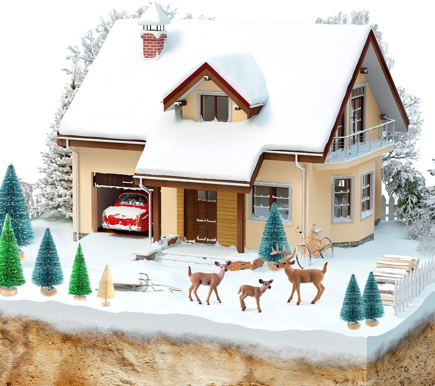 29 Pcs Mini Sisal Trees, Snow Frost Trees with Miniature Figures Woodland Animals Deer Fox, Table Top Crafts DIY Room Decor Mini Christmas Village Decoration, Small Size Trees
