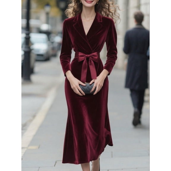 Women's Velvet Wrap Midi Dress Fall Winter Long Sleeve V Neck Ruched Tie Waist Vintage Cocktail Party Dress