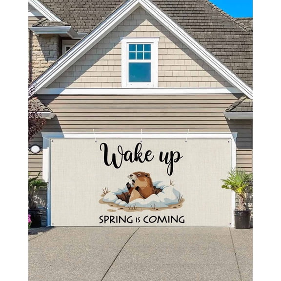 Cartoon Groundhog Garage Door Banner Covers, Wake Up Spring Is Coming Linen Texture Large Hanging Indoor/Outdoor Backdrop Background for Christmas Winter Party Decor, 6.9x8 FT