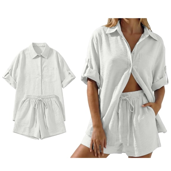 Womens Short Sets 2 Piece Outfit Button Down Shirt Short Summer Clothes Sets for Women