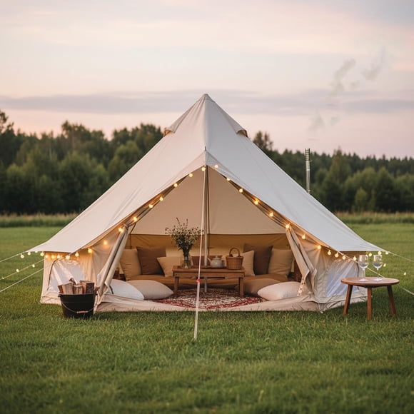 MELLCOM Tente Cloche 3-5 m, Yourte de Glamping 4 Saisons pour le Camping avec Prise pour Poêle & Poches de Rangement & Fenêtre Supérieure & Évents de Toit & Fenêtres en Maille & Porte à Double Couche