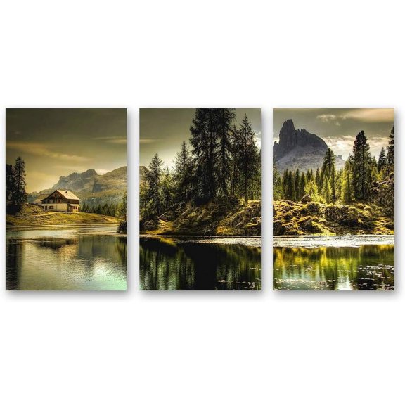 IDEA4WALL 3 Piece Landscape Canvas Prints Wall Art Green Forest Mountain and Lake - 24"x36"x3 Panels