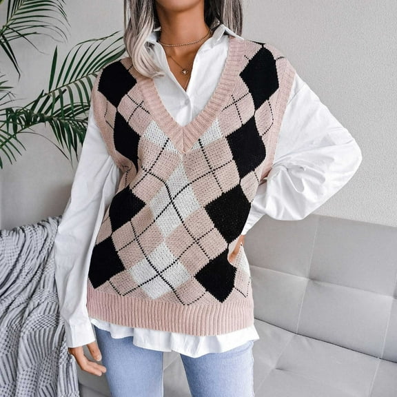 Women's Plaid Sweater Preppy Long Sleeve V Neck Pullover Tops 90s Preppy England Style Knitwear Sweater Top Sweater Vests for Women Trendy plus Size B Knit Sweater Vests Women Trendy Sleeveless
