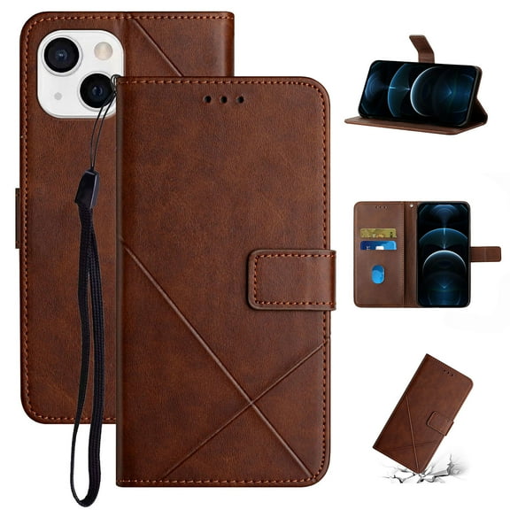 SaniMore for iPhone 15 (6.1" 2022) Wallet Case with Wrist Strap Magnetic Clasp, Card Slots PU Leather Skin Shockproof TPU Inner Anti-drop Flip Stand Business Shell Wear-resistant - Darkbrown