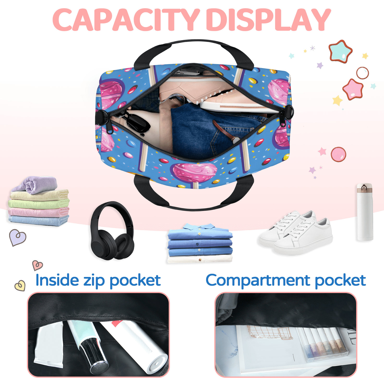 Herdesigns Candy Travel Duffle Bag Sports Yoga Weekender Overnight Carry on Workout Bags Lightweight Waterproof Gym Tote Bag for Women Colorful