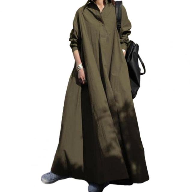 JUNWELL Robe Maxi Décontractée à Coupe Ample pour Femmes, Robe en Coton et Lin Polyvalente, Robes Chemise à Col en V pour Femmes, Coupe Décontractée et Ample pour le Printemps