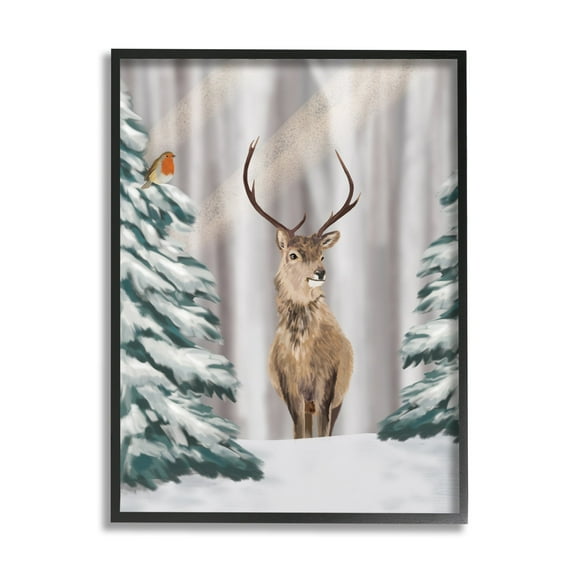 Stupell Industries Seasonal Deer Winter Landscape Holiday Painting Black Framed Art Print Wall Art