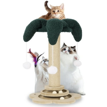 Cat Scratching Post, Cat Scratcher Kitten Toys for Indoor Cats with Wooden Ball Track, Two-Layer Modern Sisal 20" Tall Scratch Post Interactive Toy with Dangling Ball and Feather Toy