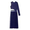 thumbnail image 6 of Mufeng Womens Lyrical Dance Costume Modern Contemporary Dance Dress Single Long Sleeve Mesh Tulle Navy Blue S, 6 of 7