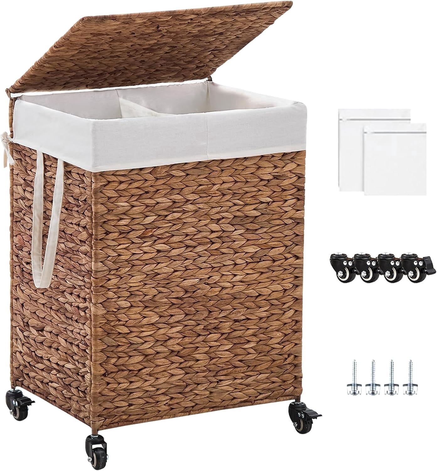 Casa Pura Furniture 2-Section Laundry Hamper with Lid, Water Hyacinth Woven Laundry Sorter with Removable Liners, Rolling or Non-Slip Design