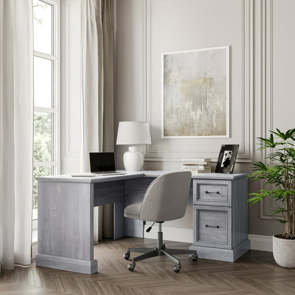 BELLEZE 60" L Shaped Home Office Desk with Storage Drawers - Kernville (Stone Grey)