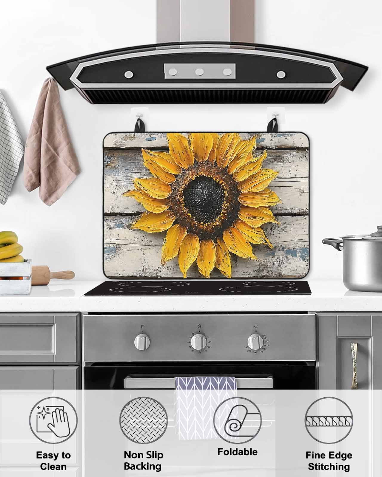 nqOlkjepod Large Induction Cooktop Protector Mat 24"x21", Sunflowers Stove Top Covers for Electric Stove, Retro Farmhouse Floral Leaves Wooden Grain Stove Burner Cover Mats, Glass Top Stove Cover