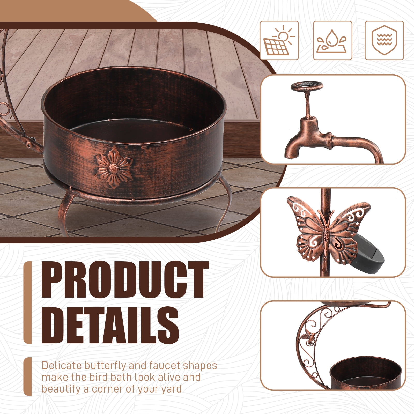 Ktaxon 36 Inch Height Garden Bird Bath for Outdoors, with Solar Lamp and Flower Planter Pedestal Standing Bird Feeder, Bronze