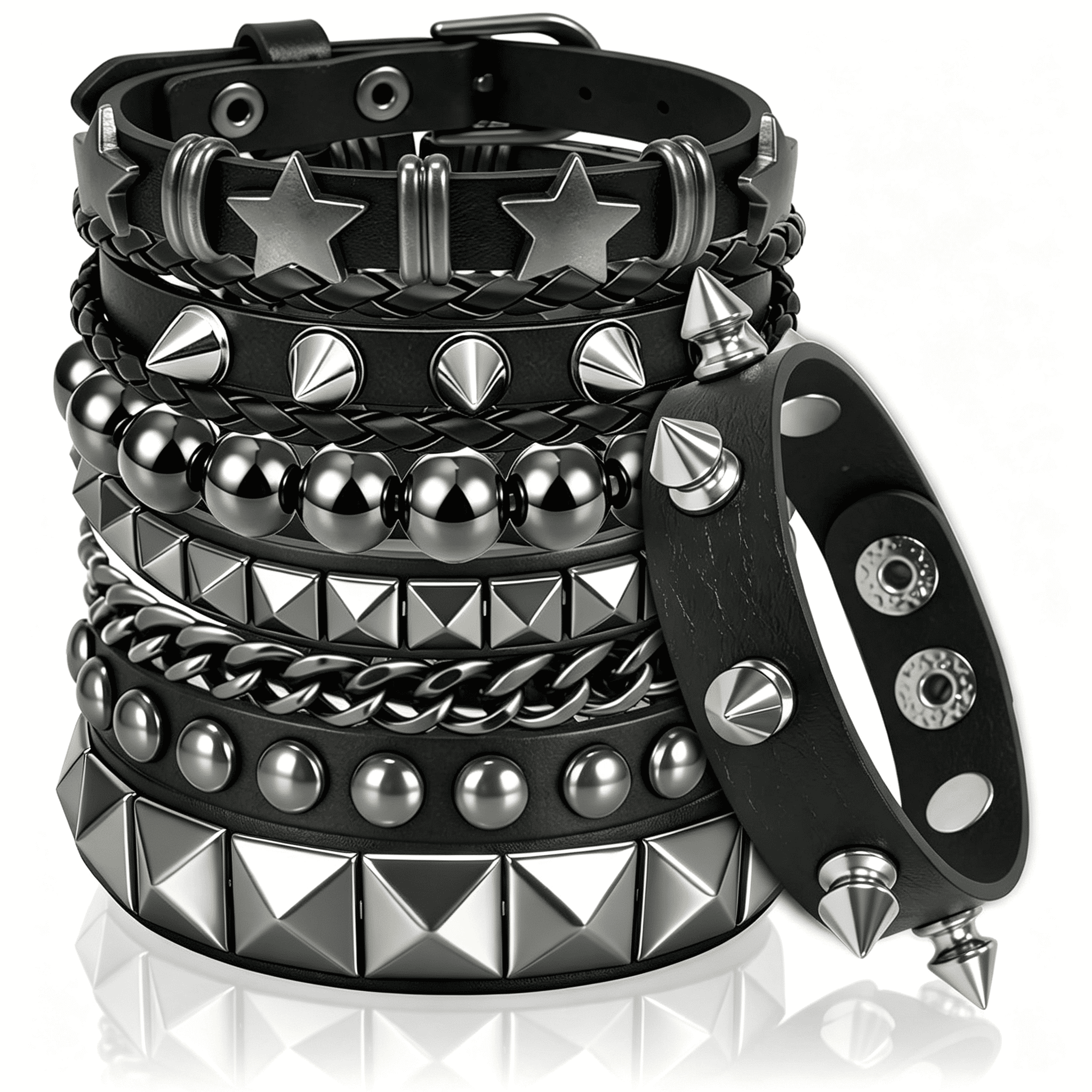 Leather Bracelet Combo Metal Star & Spike Inlay Grunge & Punk