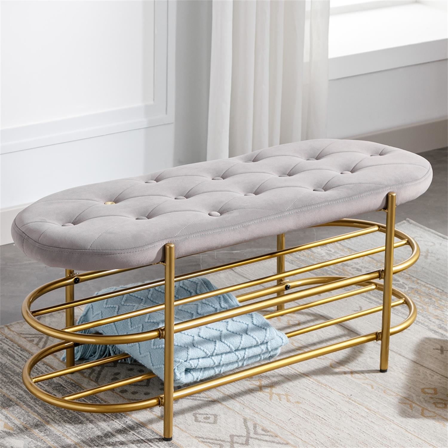 Kadyn Upholstered Velvet Beach, End of Bed Bench with 2 Shelf, Storage Beach for Living Room, Entrance, Grey