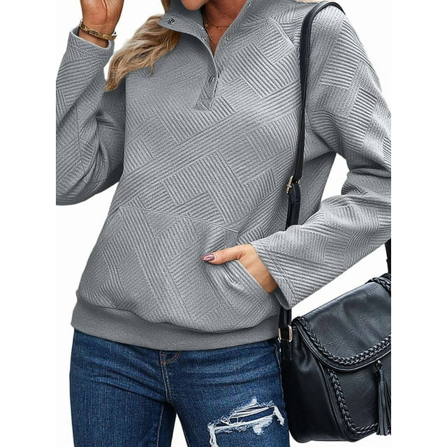 Womens Casual Textured Long Sleeve Henley Button V Neck Loose Pullover Trendy Fall Outfits Tops Light Gray L