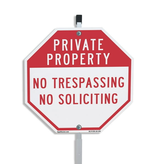 Private Property No Trespassing No Soliciting 10 inch X 10 inch Octagon Plastic Sign with Aluminum Mounting Stake Weather Resistant UV Protected for Workplace Private Property and