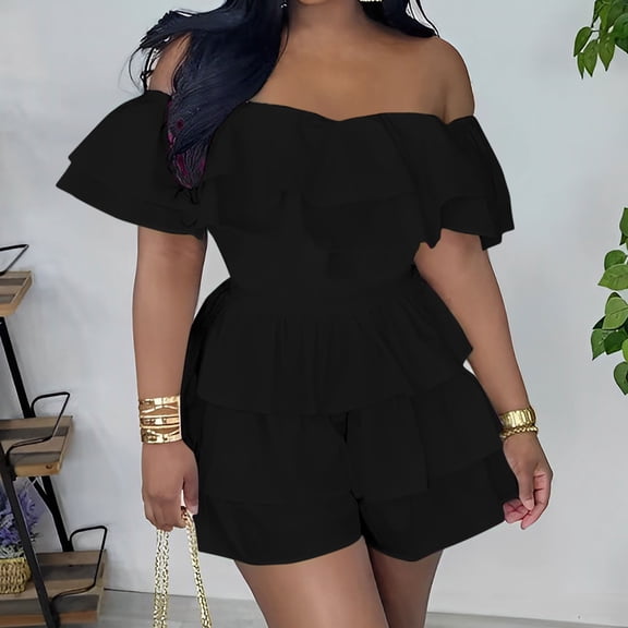 Mqqzkk Women's One-shoulder Jumpsuits Short Rompers Pleated Jumpsuit Loose Fits Bodysuit Fashion Clothes 2025 Outfit Black L