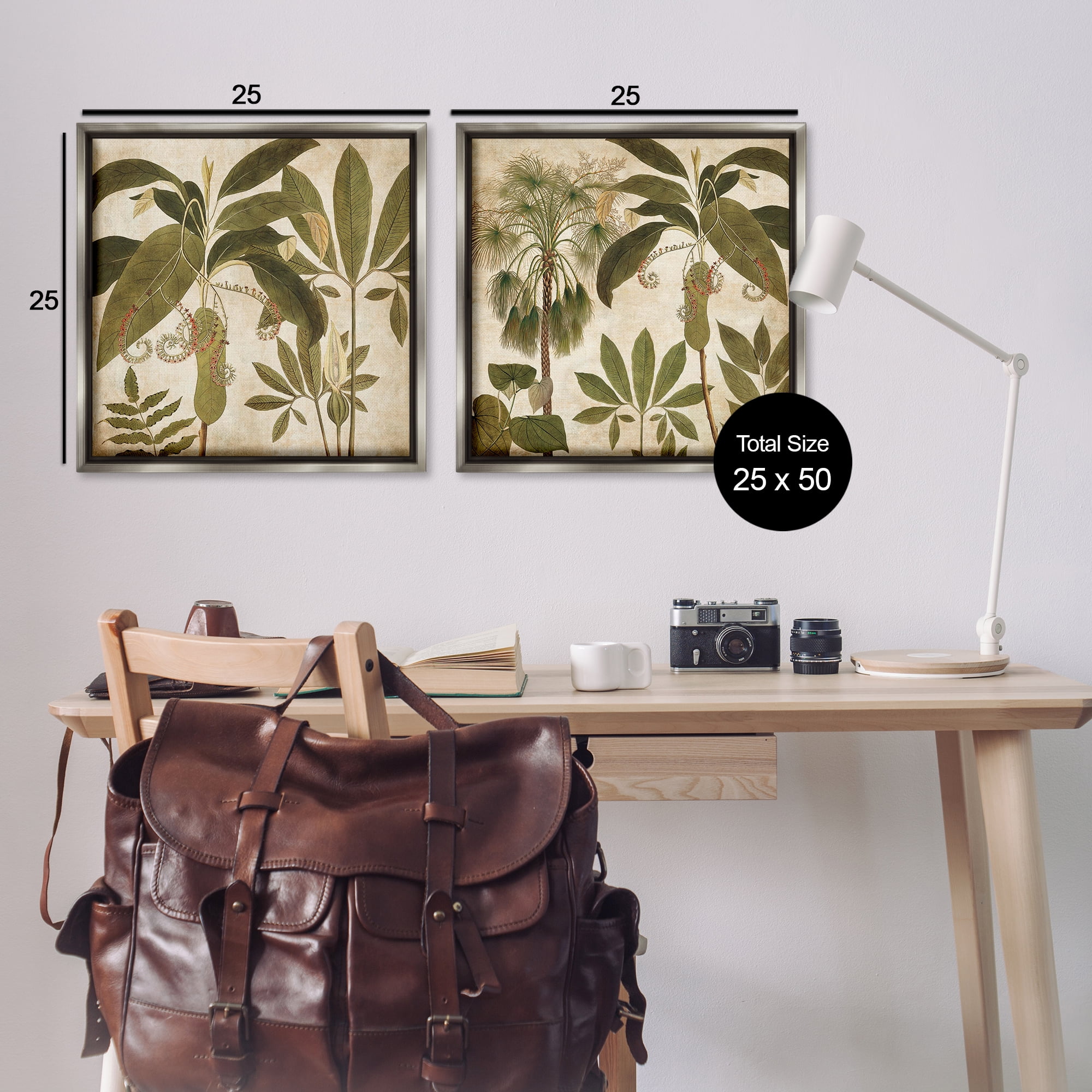 Stupell Industries Vintage Botanical Tropics Plants & Flowers Painting Gray Floater Framed Canvas Art Print Wall Art, 25 x 25, Set of 2
