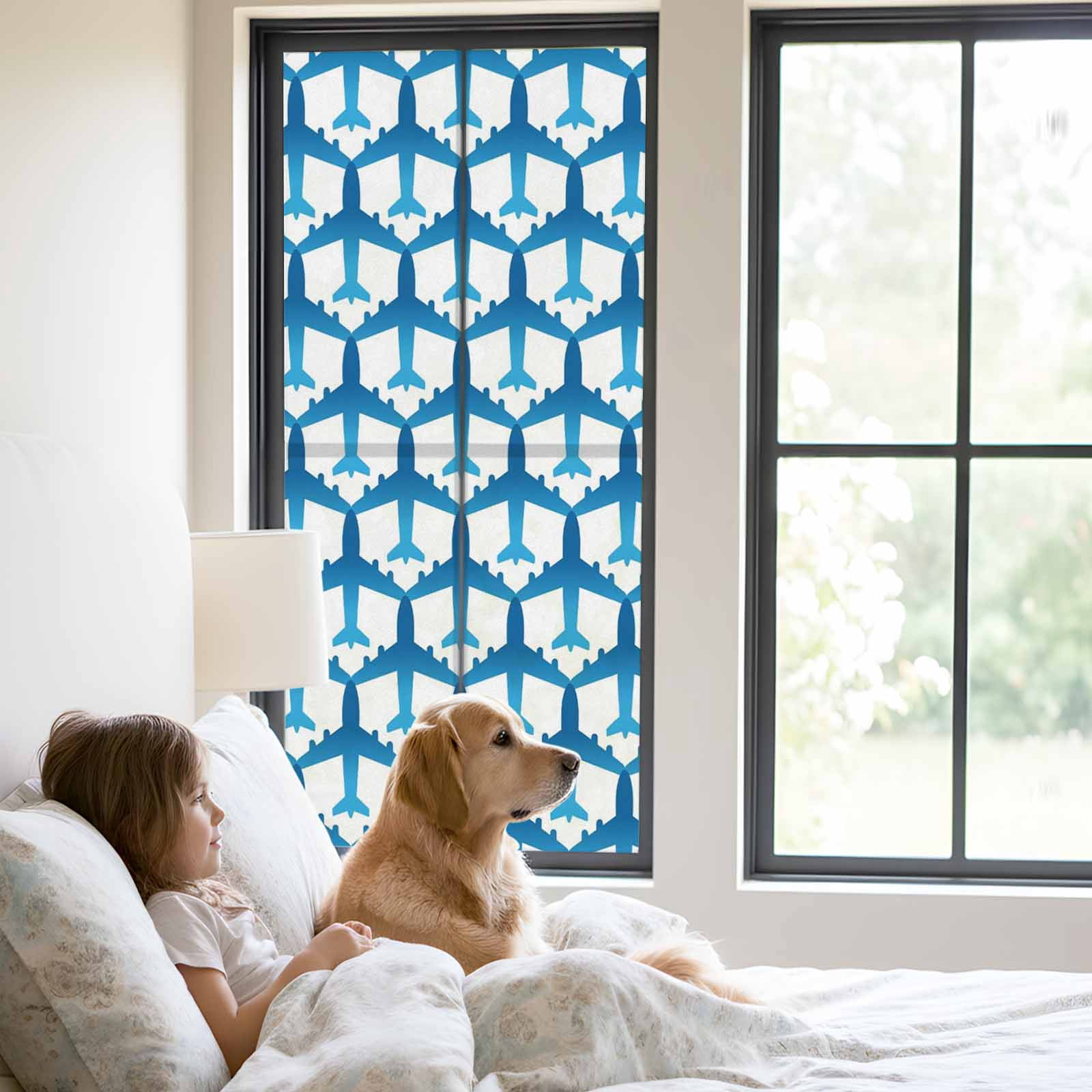 Blue Aircraft Window Privacy Film, Modern Abstract Art Gradient Airplane Static Cling UV Sun Blocking Tint Film Heat Control Windows Films for Bedroom Bathroom, Window Stickers 23.6"x59"