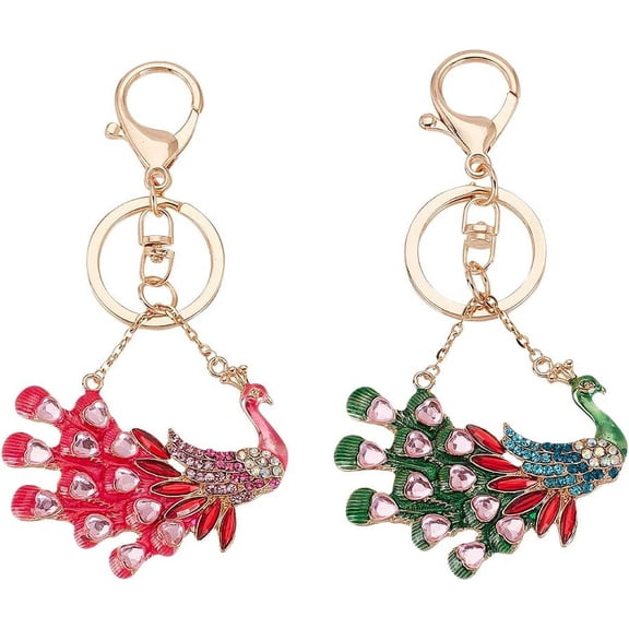 2pcs Peacock Keychain Alloy Enamel Keychains Sparkling Rhinestone Keyring Pendant Peacock Key Rings Key Chain for Handbag Backpack Purse Car Keys Decoration - Blue & Pink