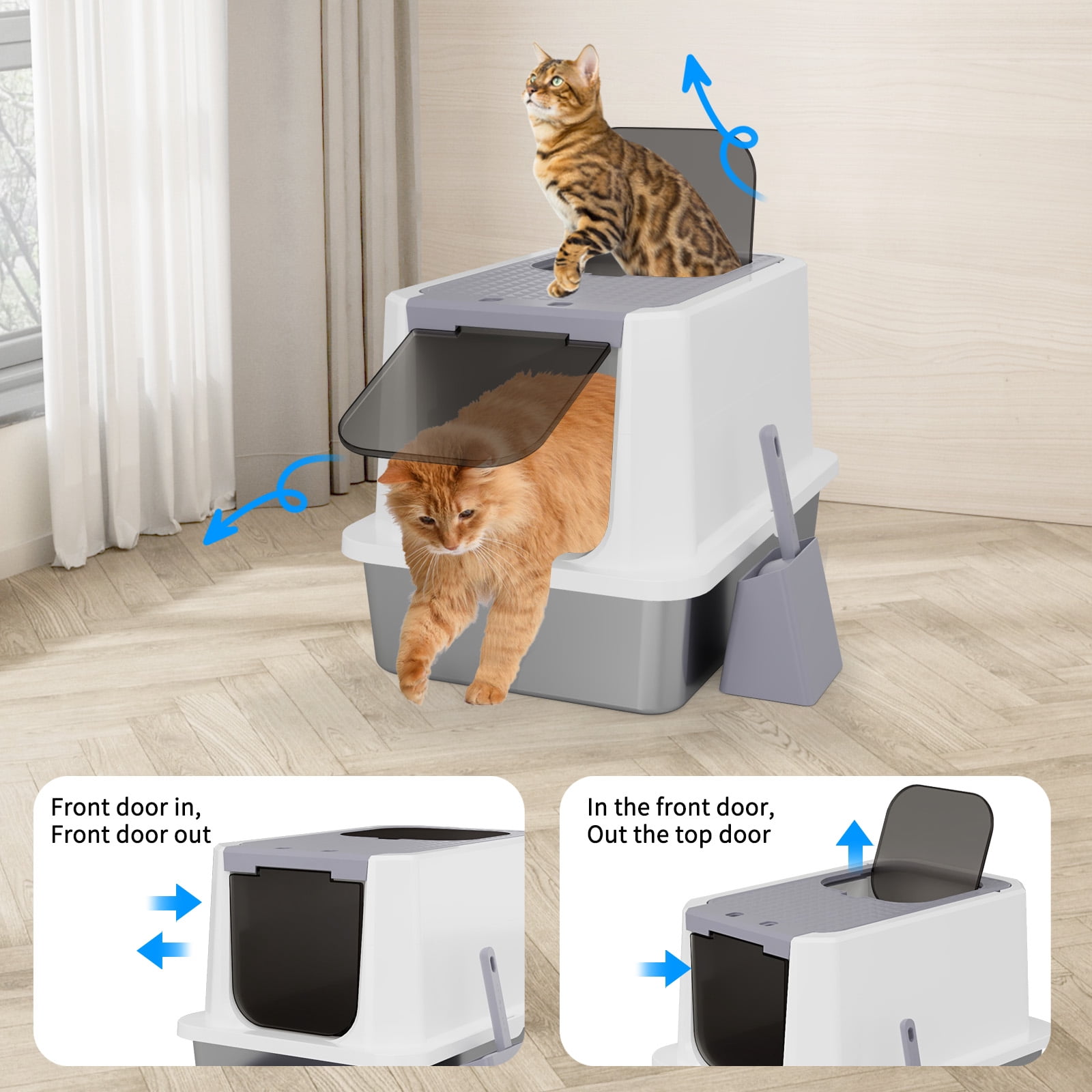 RIZZARI Enclosed Cat Litter Box: Large Top & Front Entry - High-Sided Anti-Scatter Design - Stainless Steel Odor Control - Easy Clean Teflon Non-Stick Coating- Gray Litter Pan - Entryway/Closet Nook