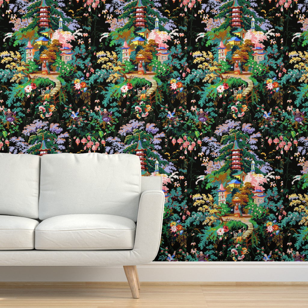 Removable Water-Activated Wallpaper Chinoiserie Toile Asian Chinese Black Bright 