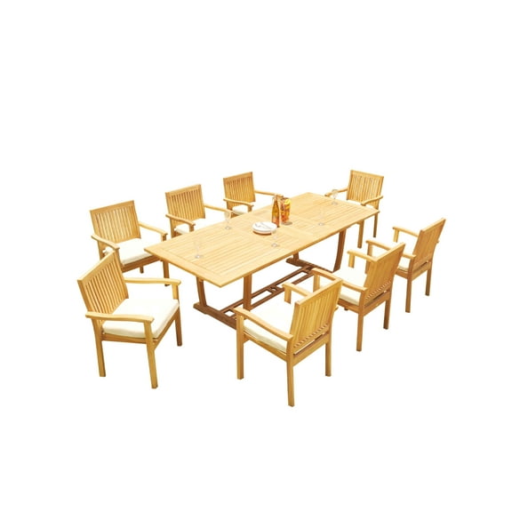 Grade-A Teak Dining Set: 8 Seater 9 Pc: 94" Mas Rectangle Trestle Leg Table And 8 Leveb Stacking Arm Chairs Outdoor Patio WholesaleTeak #51LV2109