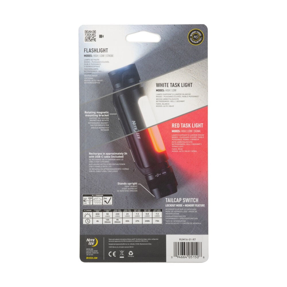 Nite Ize, Inc. RUM1A-01-R7 Nite IZE Radiant Rechargeable, 3-in-1 Flashlight Magnetic Task Red Emergency, Portable Hands-Free Work Car Repairs and Jobs Utility Light, Black