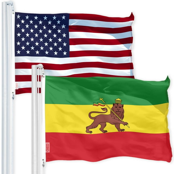 G128 Combo Flag Pack: USA American Flag 3x5 ft 150D Printed Stars & Ethiopia Lion Flag 3x5 ft 150D Printed