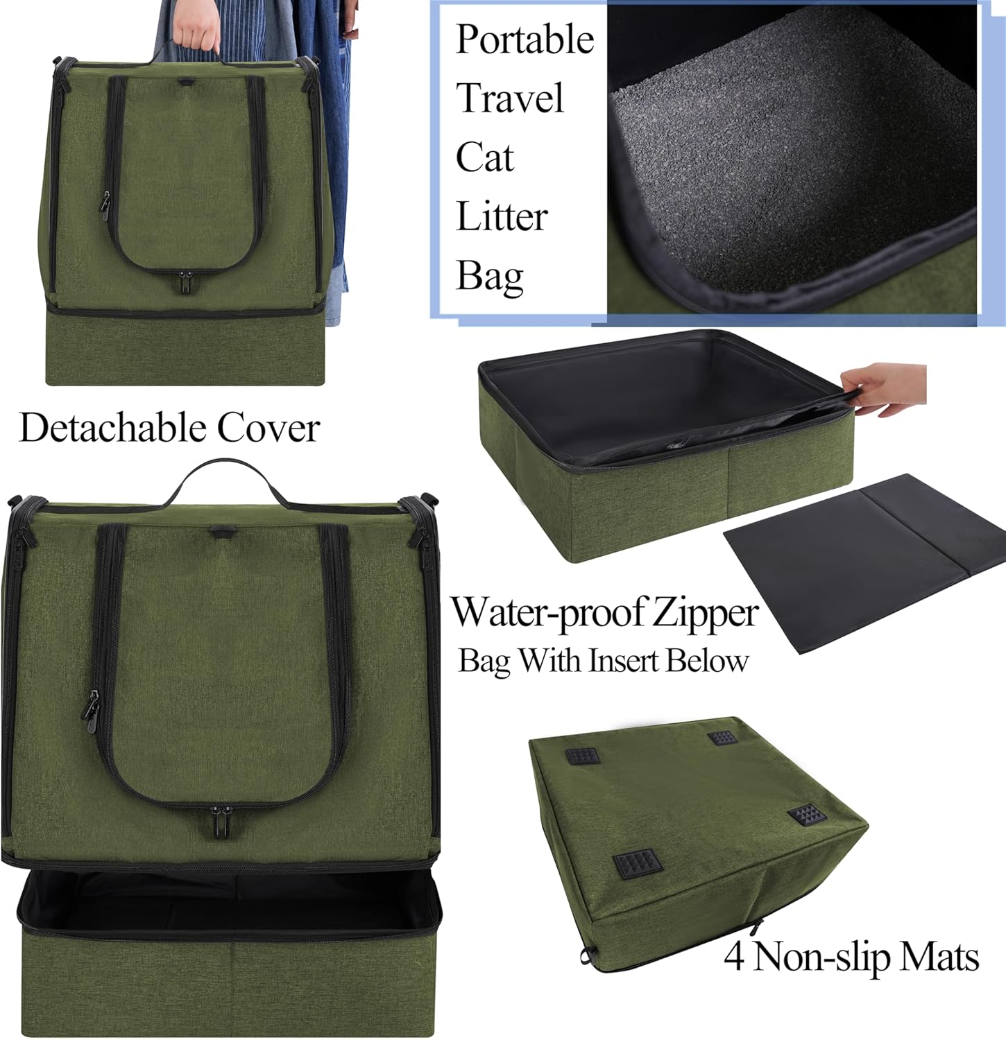 Portable Cat Travel Litter Box with Zipped Waterproof Bag,No Collapse with Hard Base Insert at Bottom, No Leakage, No Smell, Easy to Carry, Easy to Use in Hotels