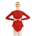 thumbnail image 4 of Kaerm Women Floral Lace Ballet Dance Dress Fingerpoint Sleeves Figure Ice Skating Dress Leotard Red XL, 4 of 7