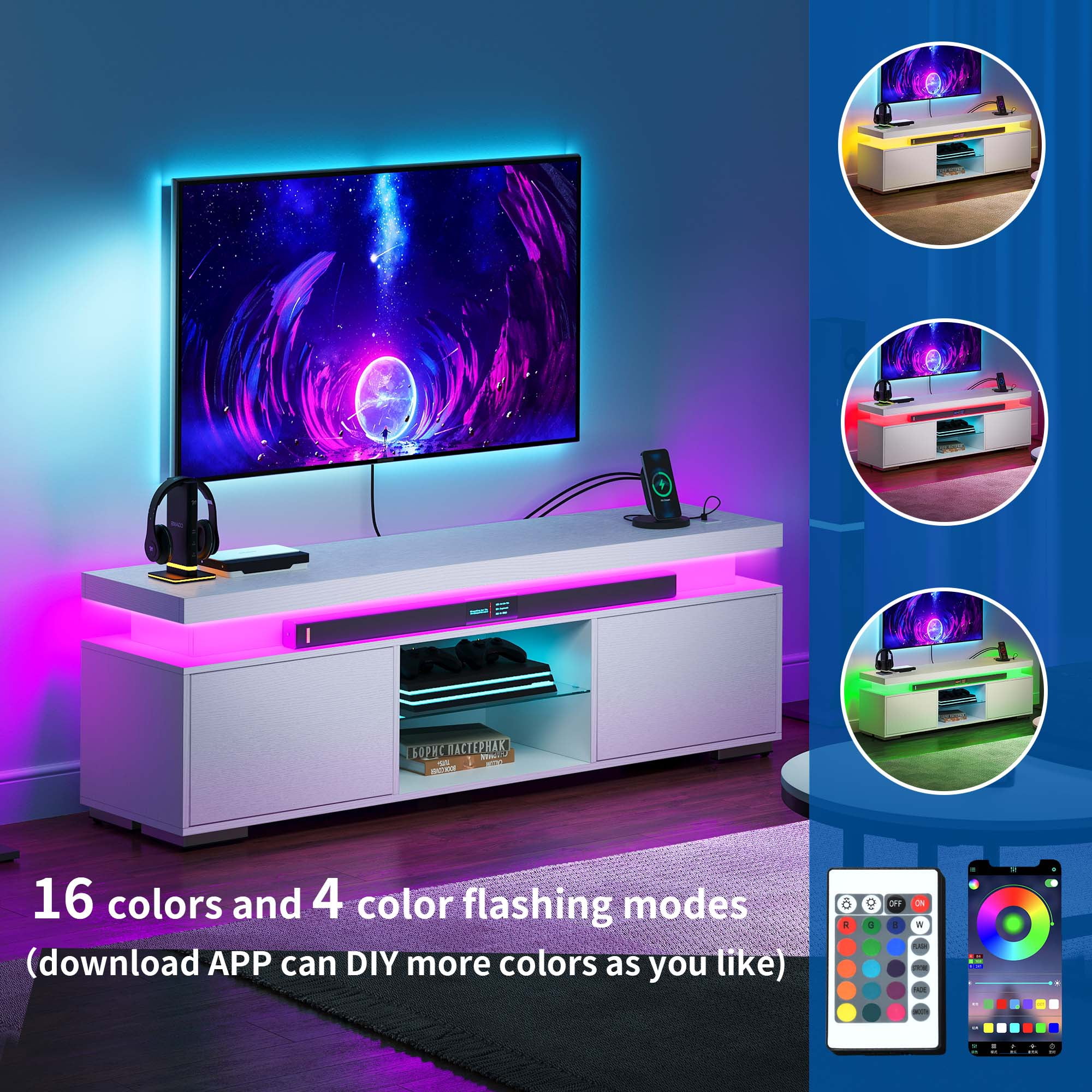 DEXTRUS LED Entertainment Center with Power Outlets, Modern TV Stand for 55/60/65 inch, Universal Gaming LED TV Media Stand w/Large Storage, White