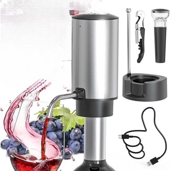 Electric Wine Aerator Pourer Rechargeable One-touch Wine Decanter with Storage Base, Corkscrew and Vacuum Wine Stopper, White Elephant Gifts for Wine Lovers, Silver