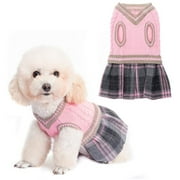 Pupteck Cute Dog Sweater Dress - Warm Pullover Puppy Cat Knit Clothes with Classic Plaid Pattern