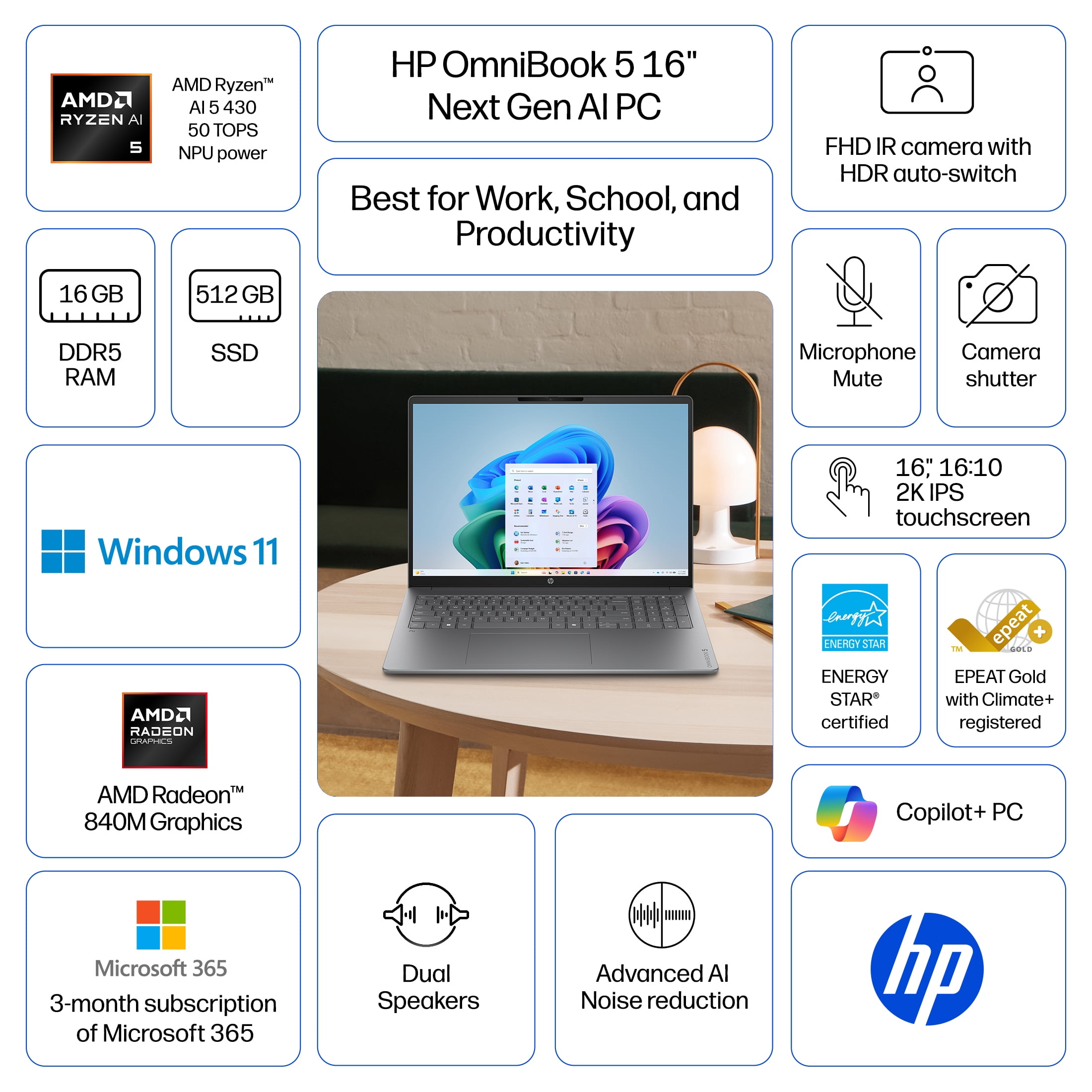 HP OmniBook 5 16 inch Laptop Next Gen AI PC 2K IPS Display Windows AMD Ryzen AI 5 430 16GB 512GB SSD Meteor Silver