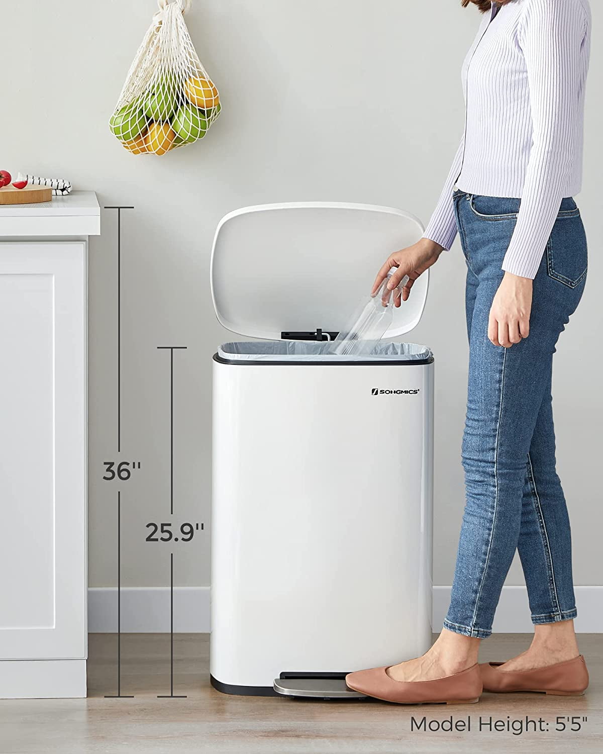 13 Gallon Stainless Steel Kitchen Trash Can, Garbage Can, Soft Close, White